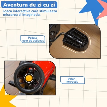 Resigilat - Tractor cu Pedale Copii Mavio®, cu Remorca Detasabila, Lopatica si Grebla Incluse, Volan, Roti Antiderapante, Cadru Stabil, Suporta pana la 35 kg, Varsta Recomandata 3 ani+, Rosu - Img 2