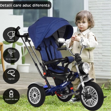Resigilat - Tricicleta pentru Copii Mavio®, Pozitie de Somn, Centura de Siguranta, Far cu Lumina, Oglinzi, Cauciucuri Spuma EVA, Greutate Maxima Admisa 25kg, Albastru - Img 6
