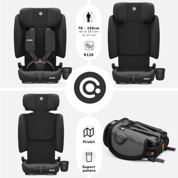Scaun Auto Bebelusi Mavio®, Model Foldy, 76-150 cm, Unghi Reglabil, ISOFIX, Copii intre 18 luni - 12 ani, Pliabil, Spatar Rabatabil, Omologat i-Size R129, Protectie Impact Lateral, Centura de Siguranta 5 Puncte, Tetiera Reglabila, Husa Detasabila, Negru - Img 2