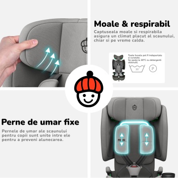 Scaun Auto Bebelusi Mavio®, Model Foldy, Unghi Reglabil, ISOFIX, Copii intre 18 luni - 12 ani, Pliabil, Spatar Rabatabil, Omologat i-Size R129, Protectie Impact Lateral, Centura de Siguranta 5 Puncte, Tetiera Reglabila, Husa Detasabila, Gri - Img 6