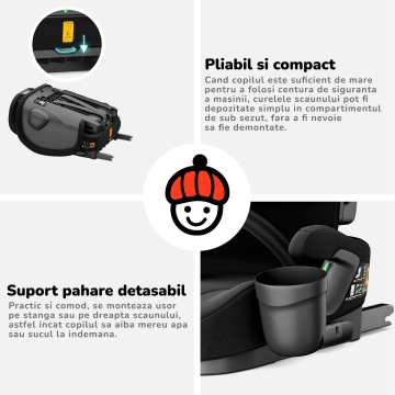 Scaun Auto Bebelusi Mavio®, Model Foldy, Unghi Reglabil, ISOFIX, Copii intre 18 luni - 12 ani, Pliabil, Spatar Rabatabil, Omologat i-Size R129, Protectie Impact Lateral, Centura de Siguranta 5 Puncte, Tetiera Reglabila, Husa Detasabila, Negru - Img 8