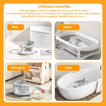 Scaun de Baie pentru Bebelusi Mavio®, Model Little Bear, Sistem Blocare, Varsta 6 luni+, Practic, Usor de Folosit, 4 Ventuze Fixare, Gauri Scurgere, Sezut si Spatar Confortabile, Materiale Sigure, Gri - Img 7