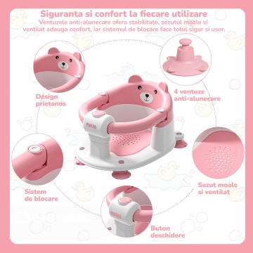 Scaun de Baie pentru Bebelusi Mavio®, Model Little Bear, Sistem Blocare, Varsta 6 luni+, Practic, Usor de Folosit, 4 Ventuze Fixare, Gauri Scurgere, Sezut si Spatar Confortabile, Materiale Sigure, Roz - Img 3