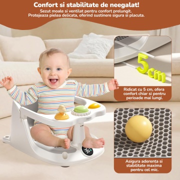 Scaun de Baie pentru Bebelusi Mavio®, Termometru Digital Integrat, Sistem Blocare, Varsta 6 luni+, Practic, Usor de Folosit, 4 Ventuze Fixare, Gauri Scurgere, Sezut si Spatar Confortabile, Materiale Sigure - Img 5