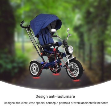 Tricicleta pentru Copii Mavio®, Pozitie de Somn, Centura de Siguranta, Far cu Lumina, Oglinzi, Cauciucuri Spuma EVA, Greutate Maxima Admisa 25kg, Albastru - Img 3