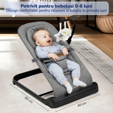 Balansoar Bebelusi Mavio®, 0-6 Luni, Greutate Maxima 9 kg, Reglare Inaltime pe 3 Niveluri, Cadru Rezistent din Fier si Aluminiu, Sezut Confortabil, Design Ergonomic, Stabil si Usor de Transportat, Gri - Img 2