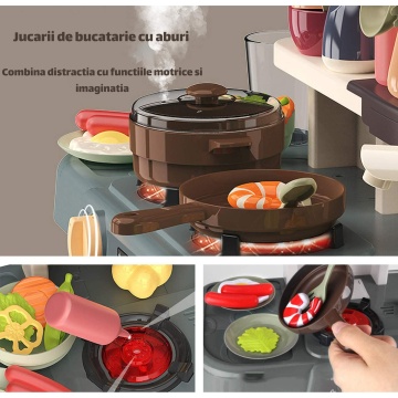 Bucatarie multifunctionala completa pentru copii, chiuveta cu circuit de apa, frigider, aragaz, tablita pentru notite, fructe, legume, multiple accesorii, 42 de piese in total, albastra - Img 5