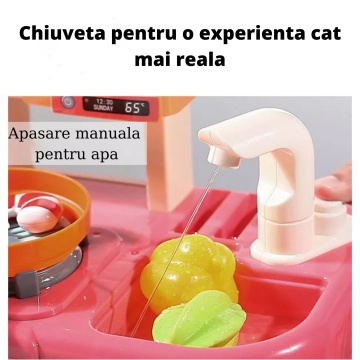 Bucatarie multifunctionala completa pentru copii, chiuveta cu circuit de apa, frigider, aragaz, tablita pentru notite, fructe, legume, multiple accesorii, 42 de piese in total, rosie - Img 6