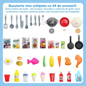 Bucatarie pentru Copii Mavio®, Simulare Gatit, Chiuveta cu Circuit Apa, Aragaz cu Aburi, Hota Interactiva, 77 piese, Inaltime 83, Lumini si Sunete Realiste, Ustensile Preparare Mancare, Albastru - Img 4