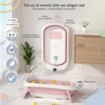Cadita Pliabila pentru Bebelusi Mavio®, Model BabySpa, Reductor Ergonomic, Termometru Digital Incorporat, 0–36 Luni, 40L Capacitate, 83 cm, Dop Scurgere, Suport Dus, Picioare Antiderapante, Design Compact, Roz - Img 2