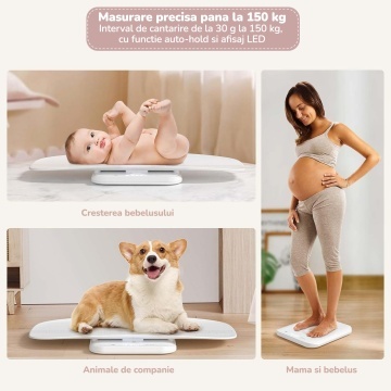 Cantar Bebelusi Mavio®, 2 in 1, Greutate Maxima 150 kg, Interval 30 g - 150 kg, Display LED, Functie Auto-Hold, Suprafata Anti-Alunecare, Masurare Inaltime, Bebelus si Mama, Diviziune 5 g, Unitati g, kg, oz, lb, lb - Img 2