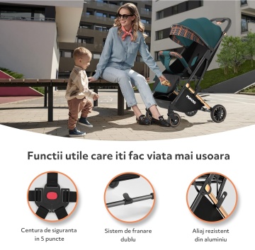 Carucior Sport pentru Copii Mavio®, Suport Jucarii, Aluminiu, Roti cu Suspensie, Pliabil, Tip Troller, Sistem Dublu de Blocare, Centura Siguranta, Verde - Img 6