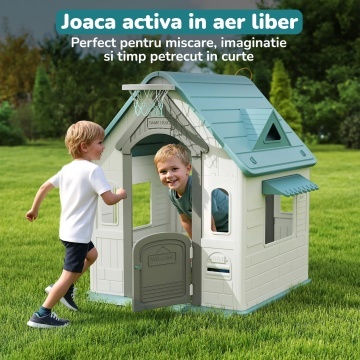 Casuta de Joaca pentru Copii Mavio®, Joaca 3 in 1 in Gradina, Baschet, Aruncarea Inelelor, Joc de Rol, Usa, Ferestre, Cadru Rezistent, Margini Fine, Interior si Exterior, Varsta Recomandata 2 ani+, Alb/Turcoaz - Img 8