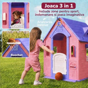 Casuta de Joaca pentru Copii Mavio®, Joaca 3 in 1 in Gradina, Baschet, Aruncarea Inelelor, Joc de Rol, Usa, Ferestre, Cadru Rezistent, Margini Fine, Interior si Exterior, Varsta Recomandata 2 ani+, Roz/Mov - Img 2