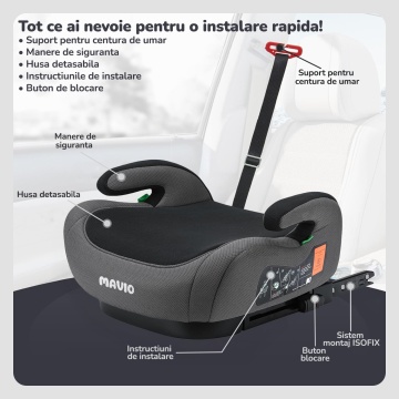 Inaltator Auto pentru Bebelusi si Copii Mavio®, Model RideUp Plus, ISOFIX, Certificat R129, i-Size, Cotiere, 125-150cm, Gri Inchis - Img 2