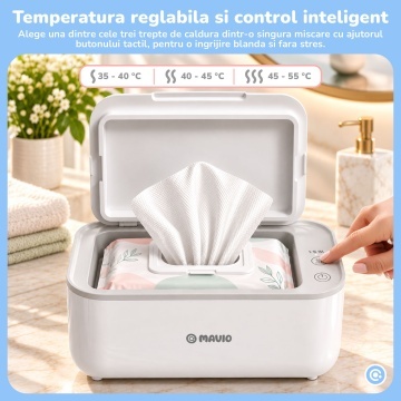 Incalzitor Servetele Umede pentru Bebelusi Mavio®, Ingrijire Nou-Nascuti, Capacitate 80-100 Servetele, 3 Trepte de Incalzire, Control Tactil, Incalzire Constanta, Mentine Umiditatea, 220-240V - Img 2