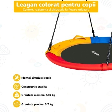 Leagan Circular pentru Copii si Adulti Mavio®, Diametru 100 cm, Interior si Exterior, Tip Cuib Barza, Capacitate 150 kg, Franghii Reglabile Anti Rasucire, Cadru din Otel Galvanizat, Material Oxford Rezistent, Perna Inclusa, Montaj Rapid, Multicolor - Img 5
