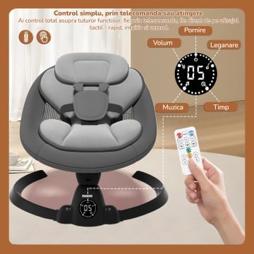 Leagan Electric Mavio®, Balansoar Bebelusi 0-9 luni, Copertina Detasabila, Plasa Tantari, Bara Jucarii, Functie Temporizator, 5 Trepte, Telecomanda, Bluetooth, Centura de Siguranta, Control Tactil, 10 Melodii, Greutate Suportata 9 kg, Negru - Img 4