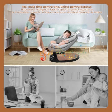 Leagan Electric Mavio®, Balansoar Bebelusi 0-9 luni, Copertina Detasabila, Plasa Tantari, Bara Jucarii, Functie Temporizator, 5 Trepte, Telecomanda, Bluetooth, Centura de Siguranta, Control Tactil, 10 Melodii, Greutate Suportata 9 kg, Gri - Img 6