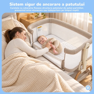Patut Co-Sleeper Mavio®, pentru Bebelusi 0-6 Luni, Greutate Maxima 15 kg, 6 Trepte de Reglare a Inaltimii 43-57 cm, Laterale din Plasa 360°, Cadru Rezistent din Fier, Material din Tesatura de In, Bej - Img 6