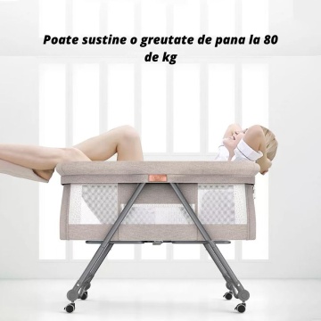 Patut Pliabil pentru Bebelusi, Usor de Transportat, Sistem de Blocare, Plasa Impotriva Insectelor, Cadru de Aluminiu, Cos Depozitare, Crem - Img 6