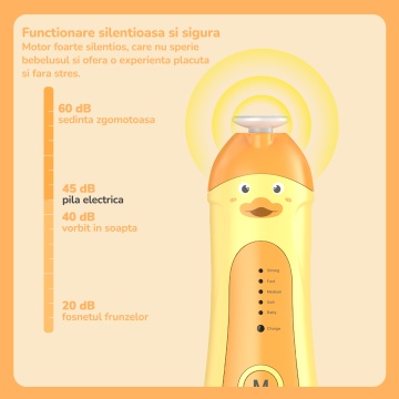 Pila Electrica de Unghii pentru Bebelusi si Copii Mavio®, Model Ratusca, 5 Viteze, Motor Silentios, Lumina LED, 6 Capete Interschimbabile, Cablu Type-C Inclus, Galben - Img 6