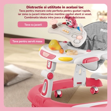 Premergator Copii 2 in 1 Mavio®, Model EasyRide, Rotobil pentru Bebelusi, Mod Antemergator, Varsta Recomandata 6-36 Luni, Maner, Pliabil, Inaltime Ajustabila, Jucarii Interactive, Anti Cadere, Roti 360 Grade, Masuta Mancare Bebe, Tavita cu Sunete, Roz - Img 6