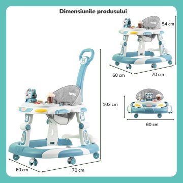 Premergator Copii 2 in 1 Mavio®, Model EasyRide, Rotobil pentru Bebelusi, Mod Antemergator, Varsta Recomandata 6-36 Luni, Maner, Pliabil, Inaltime Ajustabila, Jucarii Interactive, Anti Cadere, Roti 360 Grade, Masuta Mancare Bebe, Tavita Sunete, Albastru - Img 7