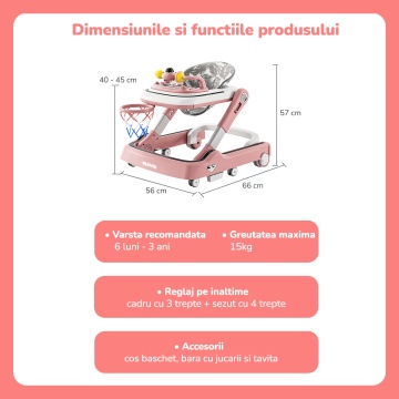 Premergator Copii 2 in 1 Mavio®, Model MyRide, Rotobil, Mod Antemergator, Varsta 3-36 Luni, Pliabil, Inaltime Ajustabila, Cos Baschet, Roz - Img 2