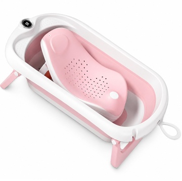 Resigilat - Cadita Pliabila pentru Bebelusi Mavio®, Model BabySpa, Reductor Ergonomic, Termometru Digital Incorporat, 0–36 Luni, 40L Capacitate, 83 cm, Dop Scurgere, Suport Dus, Picioare Antiderapante, Design Compact, Roz