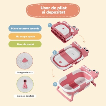 Resigilat - Cadita Pliabila pentru Bebelusi Mavio®, Model Little Dino, 0 - 36 Luni, 32 Litri, 63 cm, Perna de Baie Hipoalergenica, Termometru Incorporat, Suport Cap de Dus, Dop Scurgere, Picioare Antiderapante, Gaura Agatare, Roz (Copy 1) - Img 4