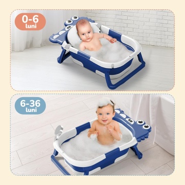 Resigilat - Cadita Pliabila pentru Bebelusi Mavio®, Model Little Dino, 0 - 36 Luni, 32 Litri, 63 cm, Perna de Baie Hipoalergenica, Termometru Incorporat, Suport Cap de Dus, Dop Scurgere, Picioare Antiderapante, Gaura Agatare, Albastru - Img 7