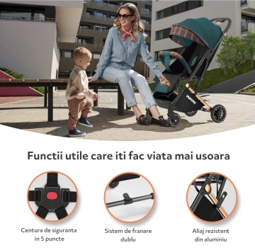 Resigilat - Carucior Sport pentru Copii Mavio®, Suport Jucarii, Aluminiu, Roti cu Suspensie, Pliabil, Tip Troller, Sistem Dublu de Blocare, Centura Siguranta, Verde - Img 6