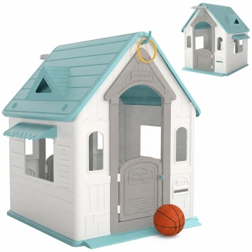 Resigilat - Casuta de Joaca pentru Copii Mavio®, Joaca 3 in 1 in Gradina, Baschet, Aruncarea Inelelor, Joc de Rol, Usa, Ferestre, Cadru Rezistent, Margini Fine, Interior si Exterior, Varsta Recomandata 2 ani+, Alb/Turcoaz