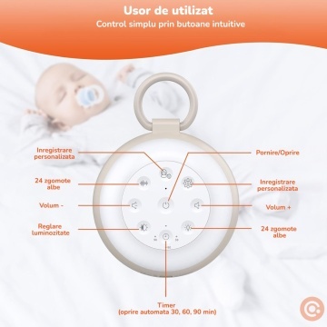 Resigilat - Dispozitiv Sunete Albe Portabil Mavio® pentru Bebelusi si Adulti, 24 Sunete Relaxante, 2 Functii Inregistrare, Bluetooth, 7 Culori Ambientale, Baterie Reincarcabila 2000 mAh, Difuzor 3W, Temporizator 30/60/90 min, Lumina de Noapte, Alb - Img 7