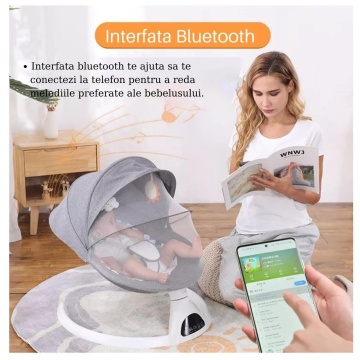 Resigilat - Leagan Electric, Acoperis Rabatabil si Plasa Protectie Tantari pentru Bebelusi, Conexiune Bluetooth, Telecomanda, Jucarii si Melodii - Img 3