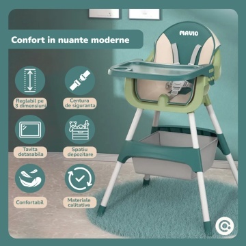 Resigilat - Scaun de Masa 3in1 pentru Bebelusi si Copii Mavio®, Model Petite, Varsta 6-36 luni, Inaltime Ajustabila, Centura de Siguranta in 5 Puncte, Tavita Reglabila si Detasabila, Loc pentru Depozitare, Verde - Img 2