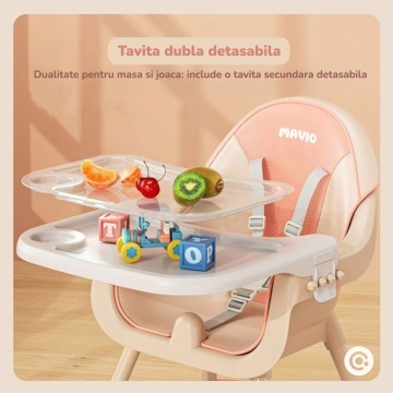 Resigilat - Scaun de Masa 3in1 pentru Bebelusi si Copii Mavio®, Model Petite, Varsta 6 - 36 luni, Inaltime Ajustabila, Centura de Siguranta in 5 Puncte, Tavita Reglabila si Detasabila, Loc pentru Depozitare, Roz - Img 3
