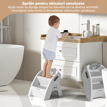 Resigilat - Scaunel Copii Mavio®, Model Little Bear, Scara cu Suprafata Antialunecare, Inaltator WC in Doua Trepte, Maner Transport, Taburet Pliabil pentru Baie, Toaleta, Chiuveta, Bucatarie, Greutate Suportata 68kg, Gri - Img 3
