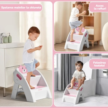 Resigilat - Scaunel Copii Mavio®, Model Little Bear, Scara cu Suprafata Antialunecare, Inaltator WC in Doua Trepte, Maner Transport, Taburet Pliabil pentru Baie, Toaleta, Chiuveta, Bucatarie, Greutate Suportata 68kg, Roz - Img 5