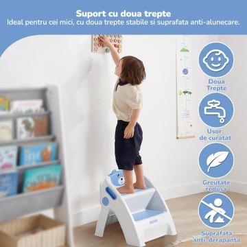Resigilat - Scaunel Copii Mavio®, Model Little Bear, Scara cu Suprafata Antialunecare, Inaltator WC in Doua Trepte, Maner Transport, Taburet Pliabil pentru Baie, Toaleta, Chiuveta, Bucatarie, Greutate Suportata 68kg, Albastru - Img 6