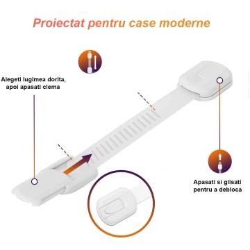 Resigilat - Set 6 Sigurante Usi Copii, Blocheaza Sertare, Frigider, Congelator, Ajustabile pe Lungime, Adeziv Puternic 3M, Fara Urme dupa Indepartare, Sistem de Inchidere Dublu, Alb - Img 4