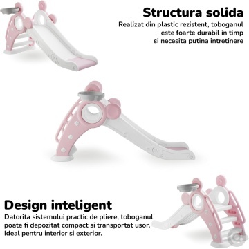 Resigilat - Tobogan Copii Mavio® cu Cos Baschet, 1–4 Ani, Panta Alunecare 115 cm, Structura HDPE Durabila, Pliabil, Stabil si Sigur, Design Ergonomic, Interior/Exterior, Dimensiuni 125x66x33 cm, Roz - Img 4