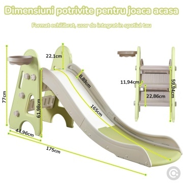 Resigilat - Tobogan Copii Mavio® cu Cos Baschet, 3–6 Ani, Panta Alunecare 165 cm, Structura HDPE Durabila, Pliabil, Stabil si Sigur, Design Ergonomic, Interior/Exterior, Dimensiuni 175x47x77 cm, Verde - Img 6