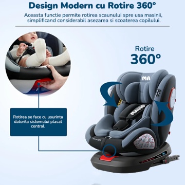 Scaun Auto Bebelusi Mavio®, Model Asento, 40-150 cm, 360 de grade, ISOFIX, Copii intre 0 - 12 ani, Omologat i-Size R129, Gri Inchis - Img 2