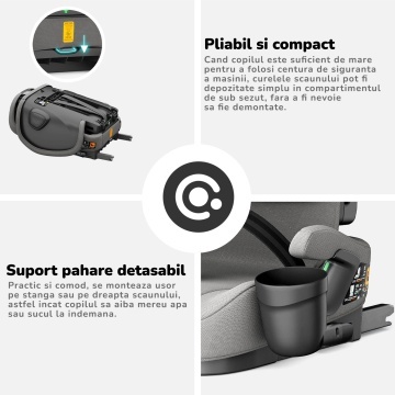 Scaun Auto Bebelusi Mavio®, Model Foldy, 76-150 cm, Unghi Reglabil, ISOFIX, Copii intre 18 luni - 12 ani, Pliabil, Spatar Rabatabil, Omologat i-Size R129, Protectie Impact Lateral, Centura de Siguranta 5 Puncte, Tetiera Reglabila, Husa Detasabila, Gri - Img 8