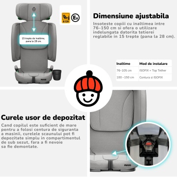 Scaun Auto Bebelusi Mavio®, Model Foldy, Unghi Reglabil, ISOFIX, Copii intre 18 luni - 12 ani, Pliabil, Spatar Rabatabil, Omologat i-Size R129, Protectie Impact Lateral, Centura de Siguranta 5 Puncte, Tetiera Reglabila, Husa Detasabila, Gri - Img 7