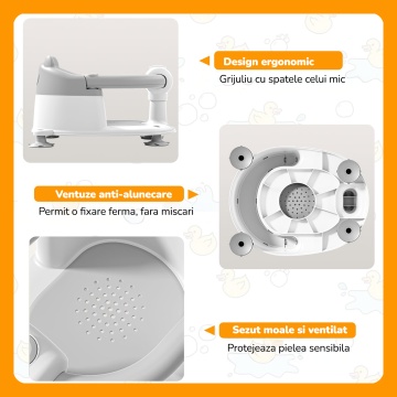 Scaun de Baie pentru Bebelusi Mavio®, Model Little Bear, Sistem Blocare, Varsta 6 luni+, Practic, Usor de Folosit, 4 Ventuze Fixare, Gauri Scurgere, Sezut si Spatar Confortabile, Materiale Sigure, Gri - Img 4