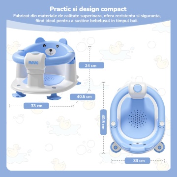 Scaun de Baie pentru Bebelusi Mavio®, Model Little Bear, Sistem Blocare, Varsta 6 luni+, Practic, Usor de Folosit, 4 Ventuze Fixare, Gauri Scurgere, Sezut si Spatar Confortabile, Materiale Sigure, Albastru - Img 6