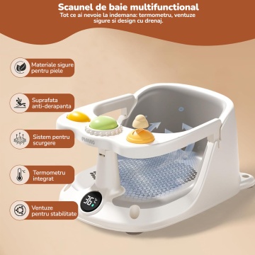 Scaun de Baie pentru Bebelusi Mavio®, Termometru Digital Integrat, Sistem Blocare, Varsta 6 luni+, Practic, Usor de Folosit, 4 Ventuze Fixare, Gauri Scurgere, Sezut si Spatar Confortabile, Materiale Sigure - Img 2